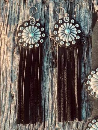 Studded Leather Concho Turquoise Earrings