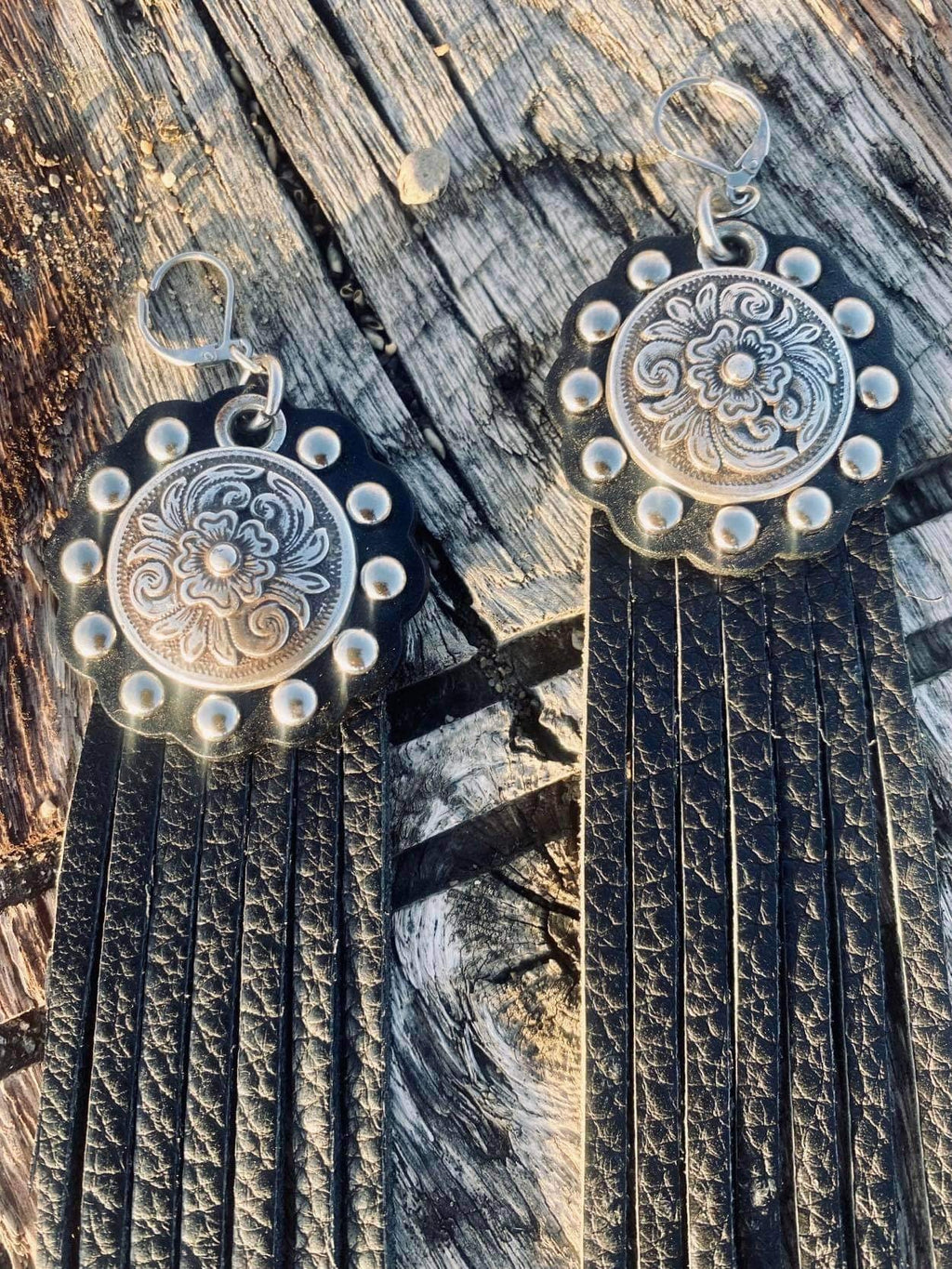 Studded Leather Concho Earrings