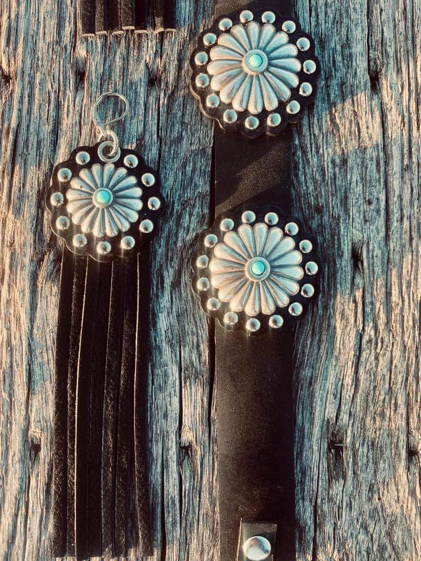 Studded Leather Concho Turquoise Earrings