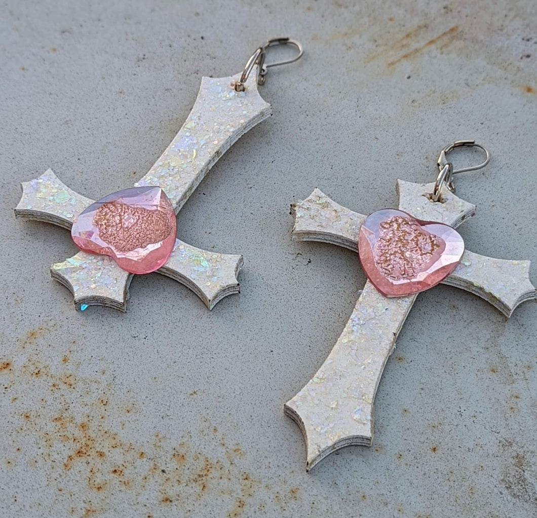 White and Pink Glitter Cross earrings