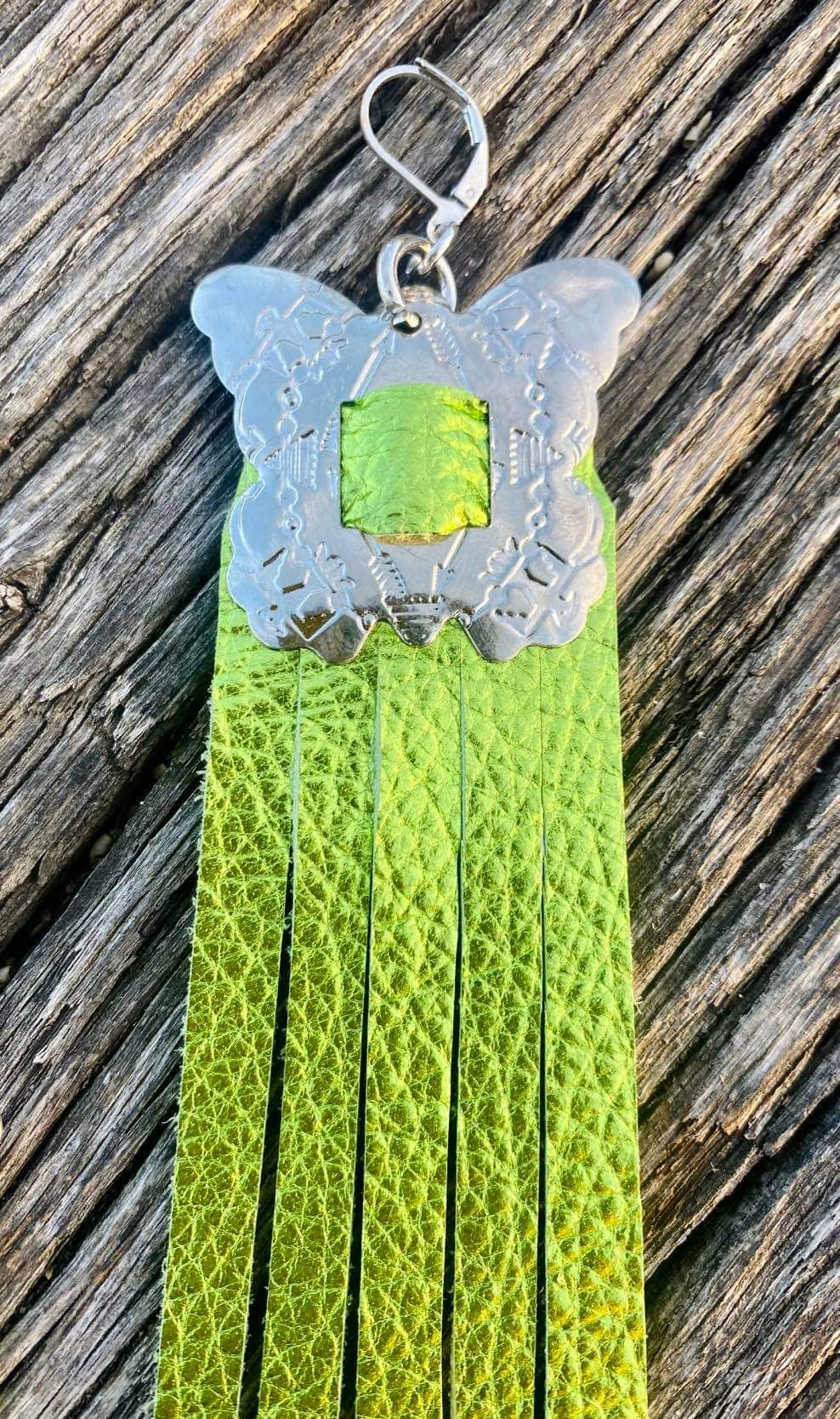 Green Metallic Leather Concho Earrings