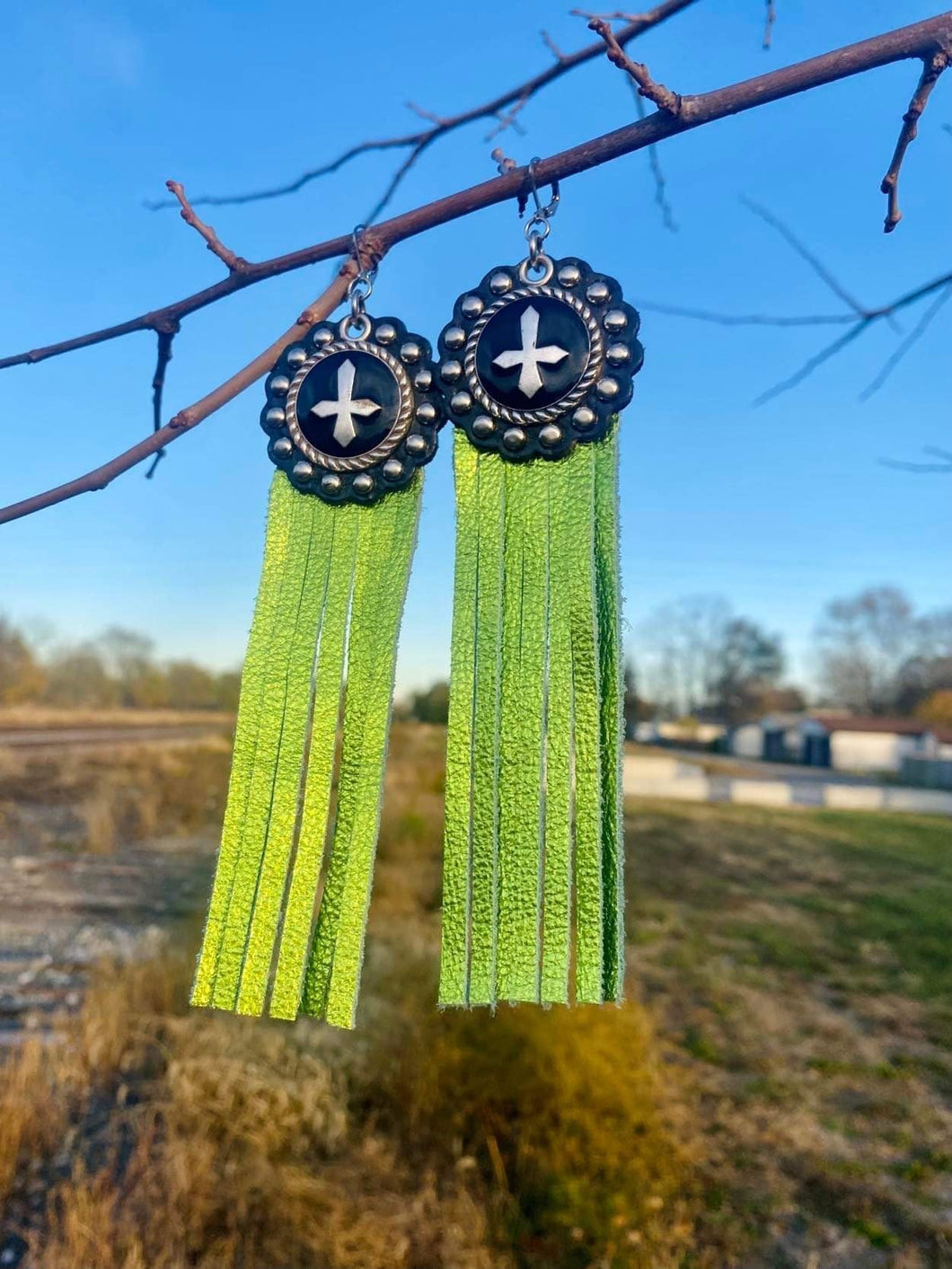 Green Metallic Leather Studded Concho Earrings